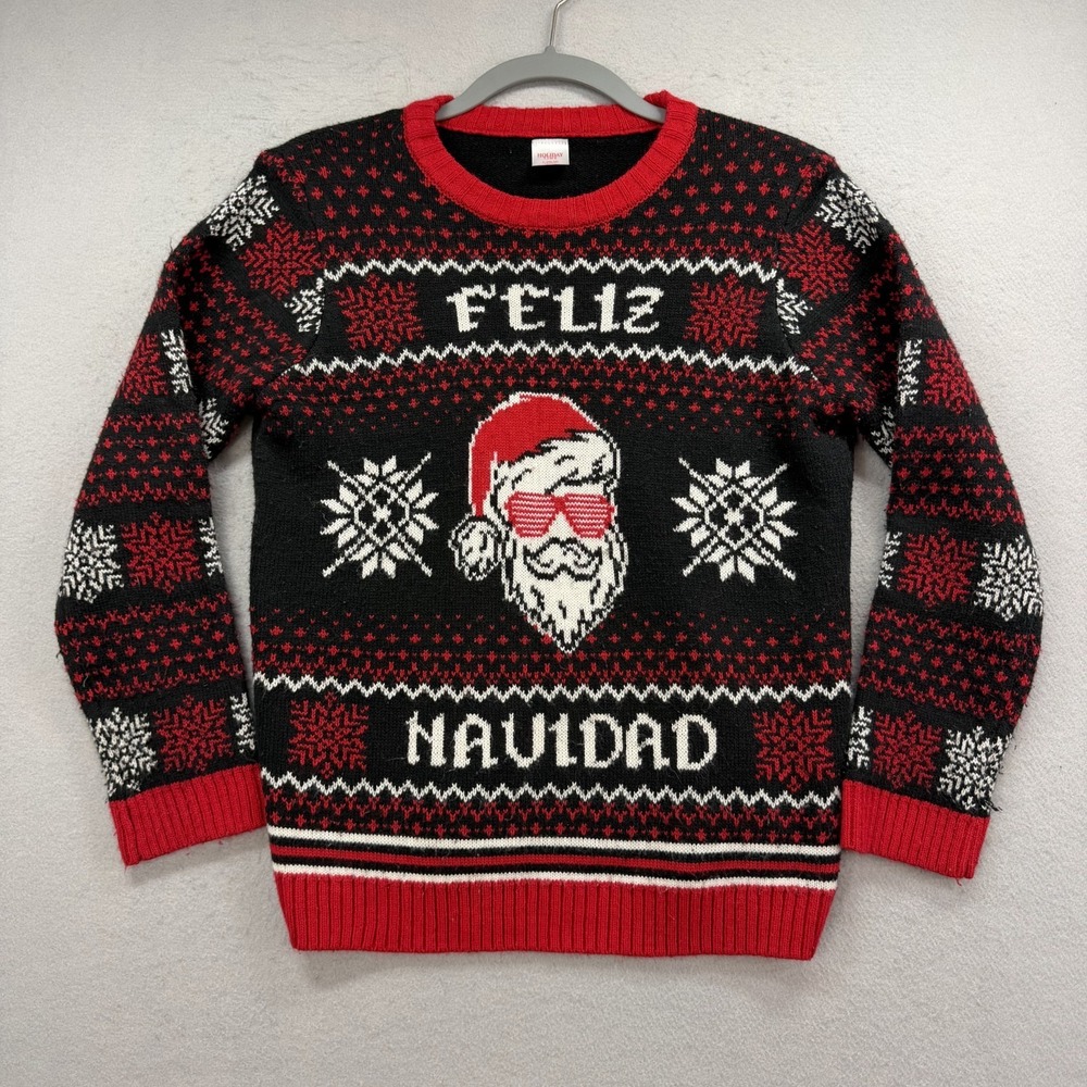 Holiday Time Womens L (10-12) Feliz Navidad Santa‎ Ugly Christmas Sweater